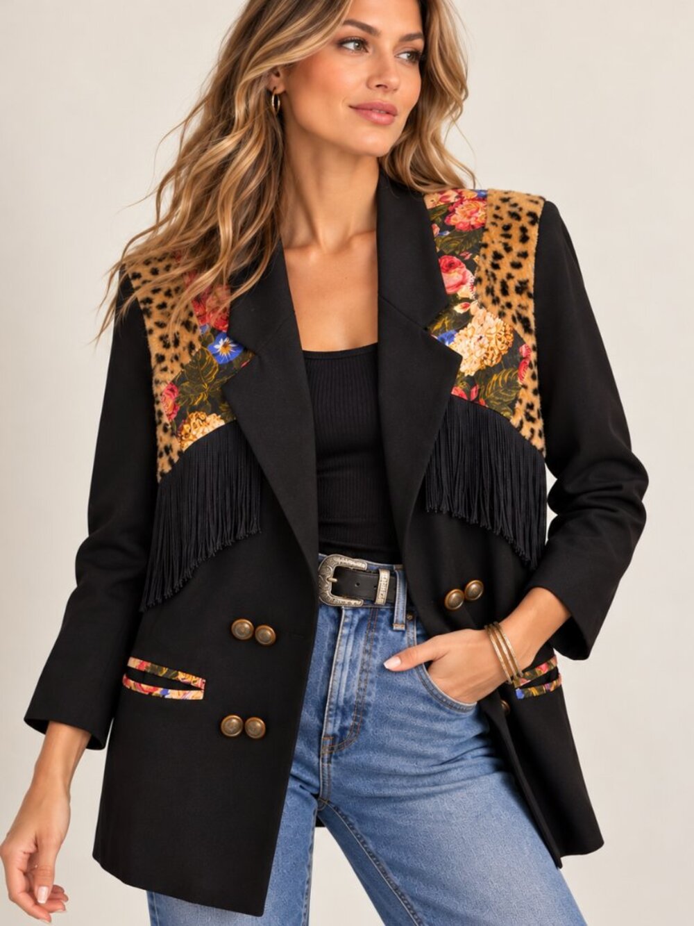 Vintage Delah Jacket Sz 2 -8 Faux Fur Leopard Floral Fringe Art to Wear Blazer